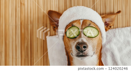 Relaxed dog enjoying a spa day with cucumber slices on eyes and towel on head on bamboo mat, AI Generative 124020246
