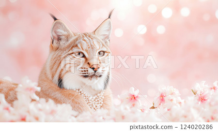 Lynx relaxing among cherry blossoms in a dreamy pink bokeh background, AI Generative Lynx relaxing among cherry blossoms in a dreamy pink bokeh background, AI Generative 124020286