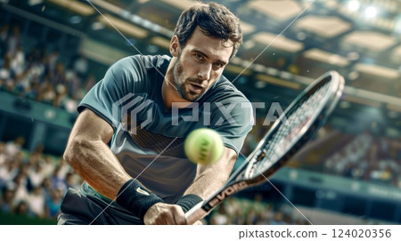 Tennis player competes intensely during a match at an outdoor stadium in the early afternoon sun with a focused expression Tennis player competes intensely during a match at an outdoor stadium in the early afternoon sun with a focused expression 124020356