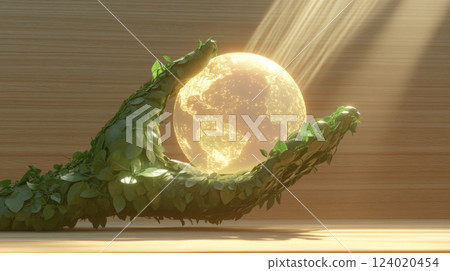 Earth Day concept with glowing earth in green leaf hand on wooden surface Earth Day concept with glowing earth in green leaf hand on wooden surface 124020454