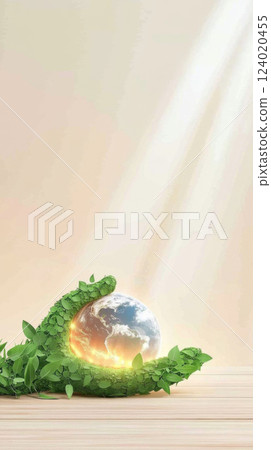 Earth Day concept with glowing earth in green leaf hand on wooden surface Earth Day concept with glowing earth in green leaf hand on wooden surface 124020455
