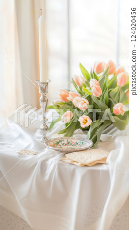Passover table setting with candlestick and tulips, background 124020456