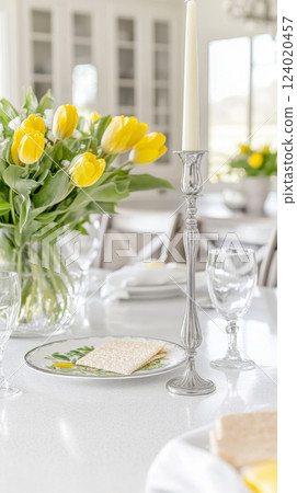 Passover table setting with candlestick and tulips, background 124020457