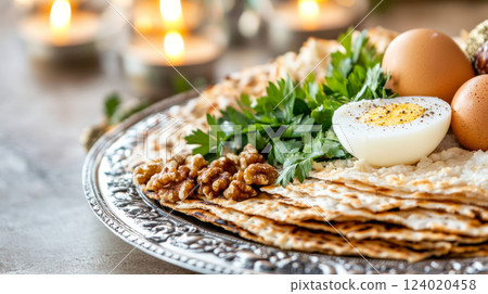 Passover seder plate with matzah, parsley, nuts, egg, and apple, close up background 124020458