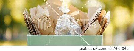 Garbage bin filled with plastic and paper waste in outdoor park setting Garbage bin filled with plastic and paper waste in outdoor park setting 124020493