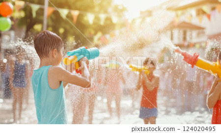 Thai Children celebrating Songkran festival with water fights on street 124020495
