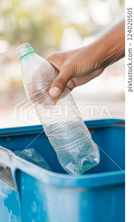 Hand putting Recycling plastic bottle in blue bin, eco-friendly concept, outdoors, 124020505