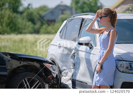 Stressed woman driver standing on street side shocked after car accident. Road safety and insurance concept Stressed woman driver standing on street side shocked after car accident. Road safety and insurance concept 124020570