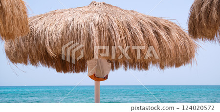 Straw shade umbrella in sea tropical region against blue vibrant sky in summer 124020572