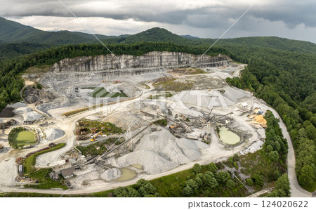 Sand open-pit mining quarry with processing plant for crushed stone. Extracting of natural resources for construction industry Sand open-pit mining quarry with processing plant for crushed stone. Extracting of natural resources for construction industry 124020622