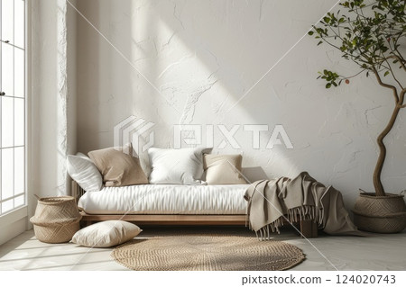 A cozy living room featuring a comfortable couch and a lovely potted plant. AI-generated content. A cozy living room featuring a comfortable couch and a lovely potted plant. AI-generated content. 124020743