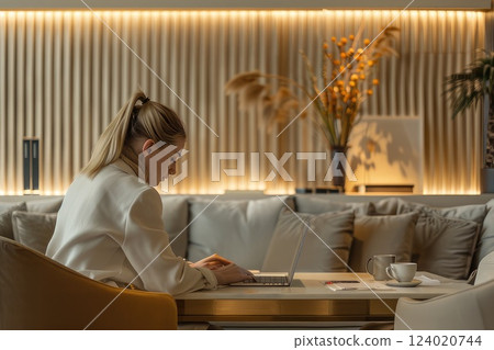 A woman is currently seated at a table, actively using a laptop computer. AI-generated content. A woman is currently seated at a table, actively using a laptop computer. AI-generated content. 124020744