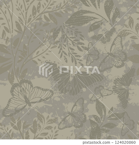 Seamless background vintage leaves with butterflies. hand drawing. Not AI, Vector illustration Seamless background vintage leaves with butterflies. hand drawing. Not AI, Vector illustration 124020860