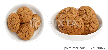 oatmeal cookies in ceramic bowl isolated on white background with full depth of field. Top view. Flat lay 124020877
