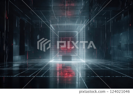 A 3D digital grid with abstract graphic presentations, blending science and AI-powered visuals 124021046