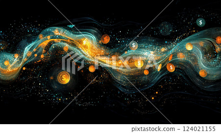 A digital coin hovering in mid-air, surrounded by abstract waves of binary code and financial data streams 124021155