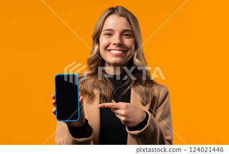 Smiling Businesswoman pointing to screen. Online Shopping Consumer. Mobile Phone, Smartphone , adds 124021446