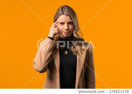 Pretty brainy 30s aged businesswoman with gesture - you, think about it. Looking camera on yellow. Thinking positive. Intelligent person. Pretty brainy 30s aged businesswoman with gesture - you, think about it. Looking camera on yellow. Thinking positive. Intelligent person. 124021538