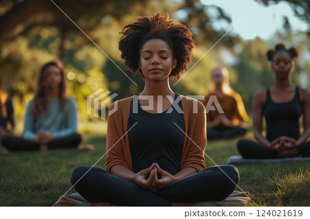 a diverse group of people practicing mindfulness exercises in a serene park 124021619