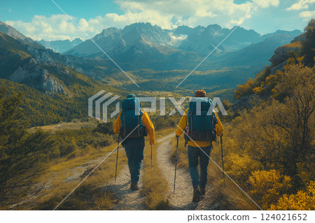 a group of friends hiking up a mountain trail on a sunny day 124021652