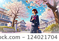 An entrance ceremony filled with anticipation and anxiety amidst cherry blossoms in full bloom 124021704