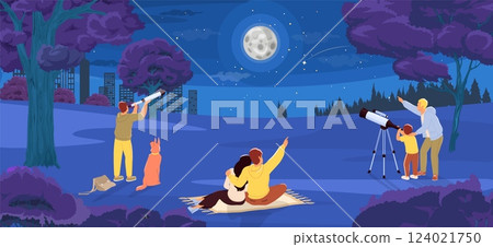 A group gathers in a park at night, enjoying stargazing with telescopes. The bright moon lights up the sky as families share moments of wonder and exploration 124021750