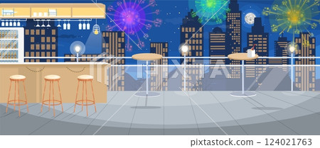 A vibrant rooftop bar showcases a stunning city skyline illuminated by colorful fireworks at night. Guests can enjoy drinks while surrounded by festive decorations and lights 124021763