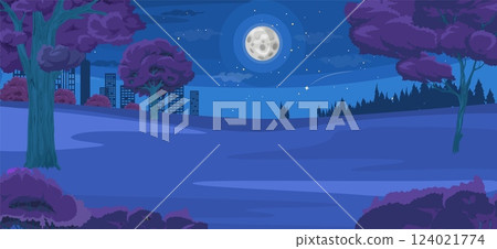 A serene forest clearing at night features a luminous moon casting soft light on the ground. In the distance, city buildings rise against a backdrop of trees and stars 124021774