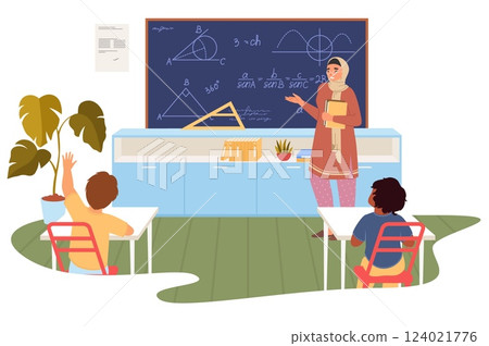 In a bright classroom, a muslim teacher explains geometry concepts on a chalkboard while students actively participate by raising their hands to answer questions 124021776