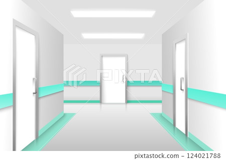 Bright hall features sleek white walls and teal accents, illustrating a modern healthcare environment. Fluorescent lights enhance the feeling of cleanliness and order 124021788