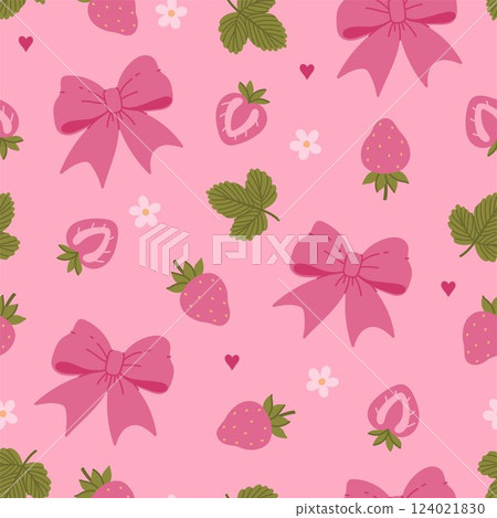 Pink seamless pattern with strawberries and bows. Vector graphics 124021830