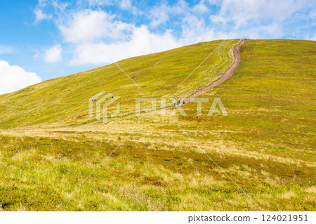 green mountain landscape with trail for hiking. path through nature hill to the top for outdoor travel and beautiful view. alpine tourism scenery in summer with sky and cloud 124021951