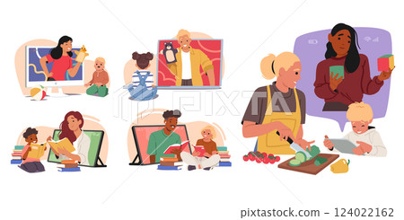 Online babysitting service set with friendly professional nanny playing with little children 124022162