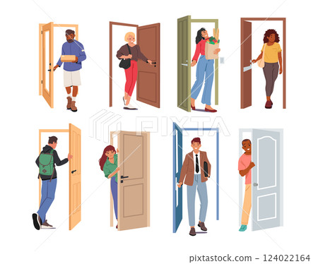 Diverse people of different age and job occupation come in and out of doors isolated cartoon set Diverse people of different age and job occupation come in and out of doors isolated cartoon set 124022164