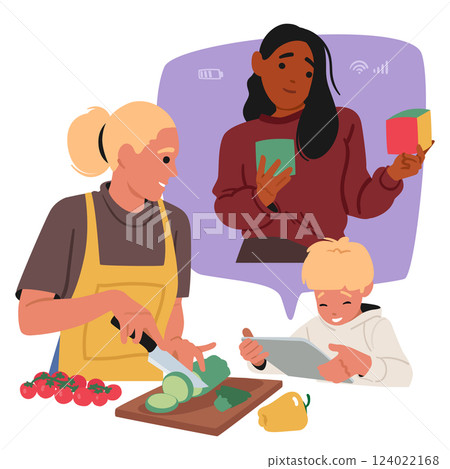 Woman online babysitter playing with little toddler boy while mother cooking dinner on kitchen Woman online babysitter playing with little toddler boy while mother cooking dinner on kitchen 124022168