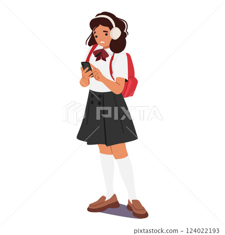 Sad teenage schoolgirl cartoon character looking with sadness at smartphone screen isolated on white 124022193