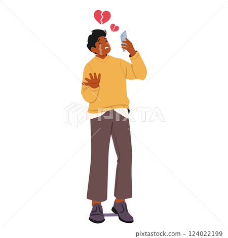Teenage boy cartoon character feeling unhappy crying looking at phone screen isolated on white Teenage boy cartoon character feeling unhappy crying looking at phone screen isolated on white 124022199
