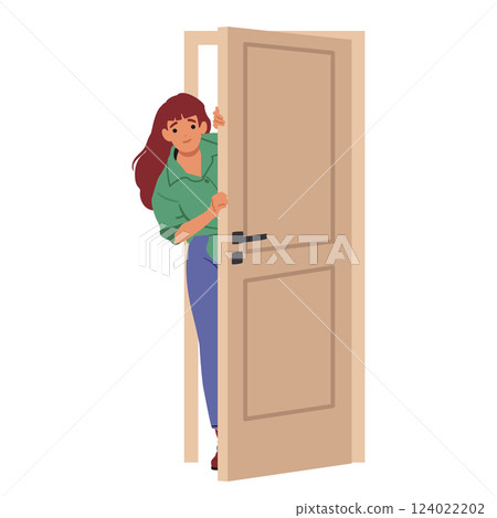 Young woman cartoon character smiling peeking out of door vector illustration isolated on white Young woman cartoon character smiling peeking out of door vector illustration isolated on white 124022202