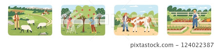 Engaging farm scenes display families participating in activities like planting, tending livestock, harvesting fruits, and enjoying the rural landscape together Engaging farm scenes display families participating in activities like planting, tending livestock, harvesting fruits, and enjoying the rural landscape together 124022387