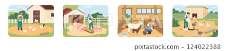 Farm workers engage in daily activities, including feeding chickens, caring for pigs, and tending to goats, all in a vibrant rural environment filled with sunshine 124022388