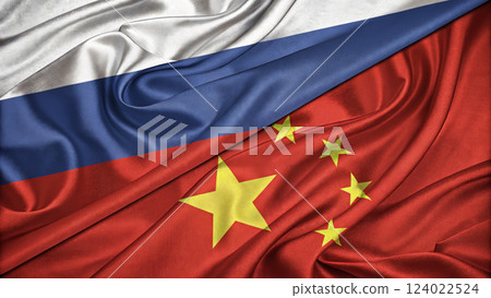 Close-Up of Waving Russian and Chinese Flags Together 124022524