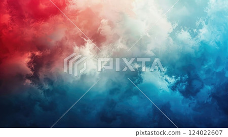 US Independence day, US flag, small abstract red blue white background, smoke, horizontal banner, copy space, free space for text 124022607