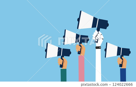 Flat illustration of different arms holding megaphones, vector 124022666