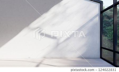 empty interior room shadow wall space background mock up architecture sunlight. empty home modern window light floor design apartment white house indoor. blank minimal concept backdrop bright clean. 124022831