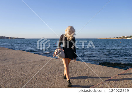 Woman Walking Sea Pier Sunset Greece 124022839