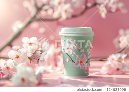 Floral coffee cup surrounded by blossoming cherry blossoms in soft pastel hues. Floral coffee cup surrounded by blossoming cherry blossoms in soft pastel hues. 124023006
