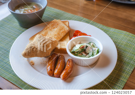 Breakfast plate with toast and soup Breakfast plate with toast and soup 124023057
