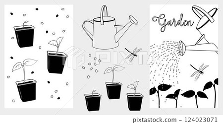 Gardening poster templates. Seedling. Watering can, Dragonfly. Set Elements for background, brochure covers, marketing materials, postcards Gardening poster templates. Seedling. Watering can, Dragonfly. Set Elements for background, brochure covers, marketing materials, postcards 124023071