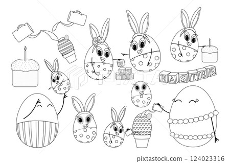 Black and white Easter coloring page featuring set bunny-eggs, holiday decorations, Easter cake, and playful activities. 124023316