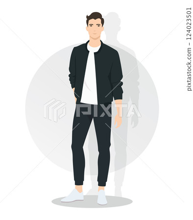 Casual Young Man in a Black and White Outfit with Sneakers in a Relaxed Stance Casual Young Man in a Black and White Outfit with Sneakers in a Relaxed Stance 124023501